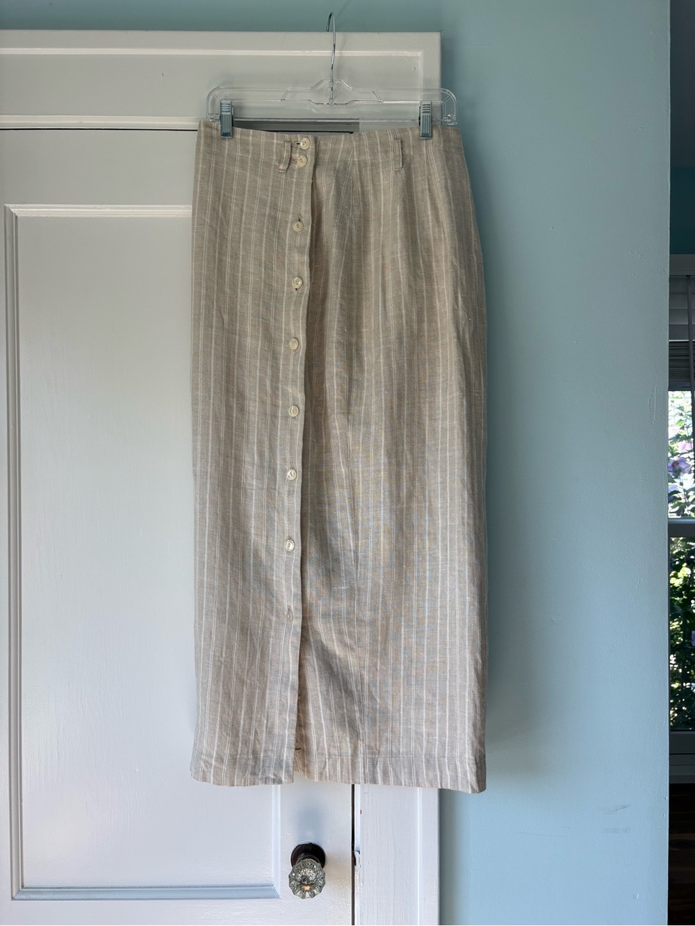 Vintage British Khaki Robert Lighton 100% Linen Striped Button Skirt Coastal